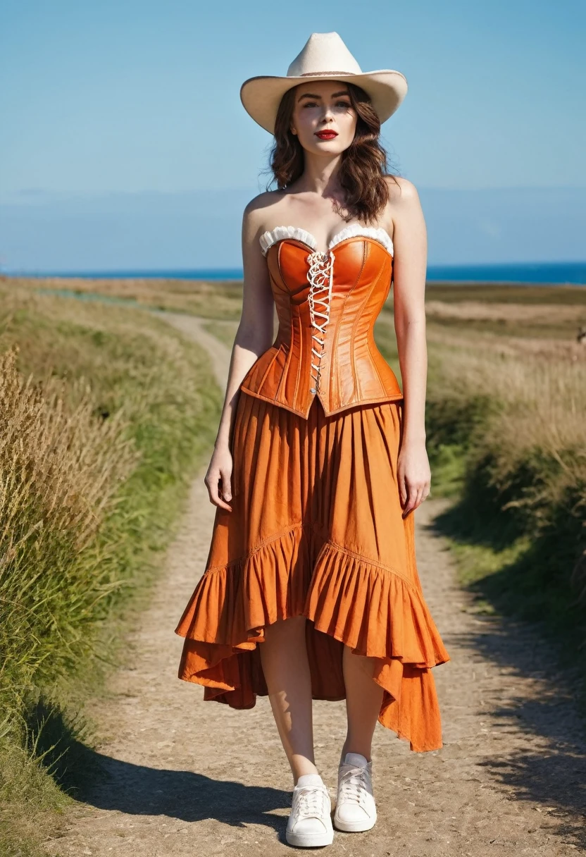 A photo of a woman model. Wearing an orange outfit. Medieval inspired. Orange dyed leather bustier corset dress. Full length dress, orange cotton floaty skirt, pleated with layers. White trainers, exaggerated cowboy hat. Festival chic. Photo is outside, sunny day, countryside coastal background