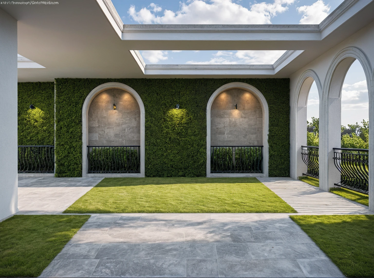 raw photo,garden classic style,attic,5 floor,Masterpiece, high quality, best quality, authentic, super detail, outdoors, onestoreyvillaXL, aiaigroup, house style modern on the street ,stairs, white wall ,road,pavement, grass, trees, sky, cloud, (daylight:1.1)