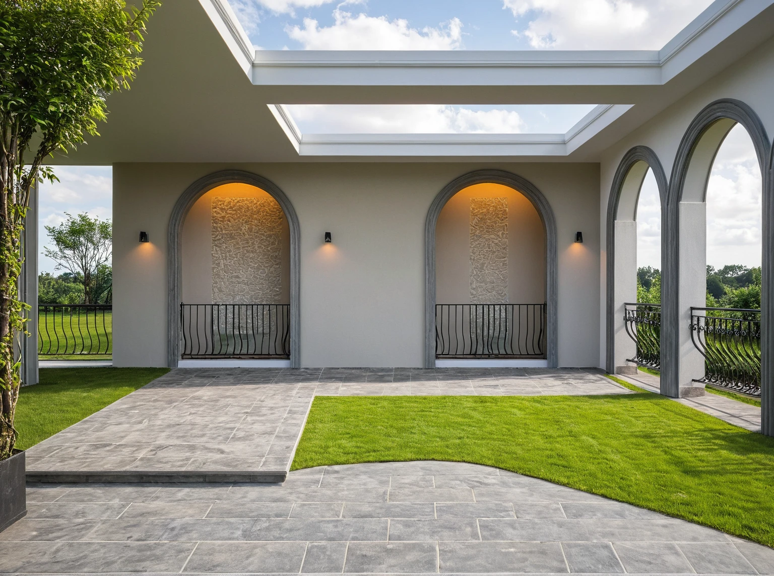 raw photo,garden classic style,attic,5 floor,Masterpiece, high quality, best quality, authentic, super detail, outdoors, onestoreyvillaXL, aiaigroup, house style modern on the street ,stairs, white wall ,road,pavement, grass, trees, sky, cloud, (daylight:1.1)