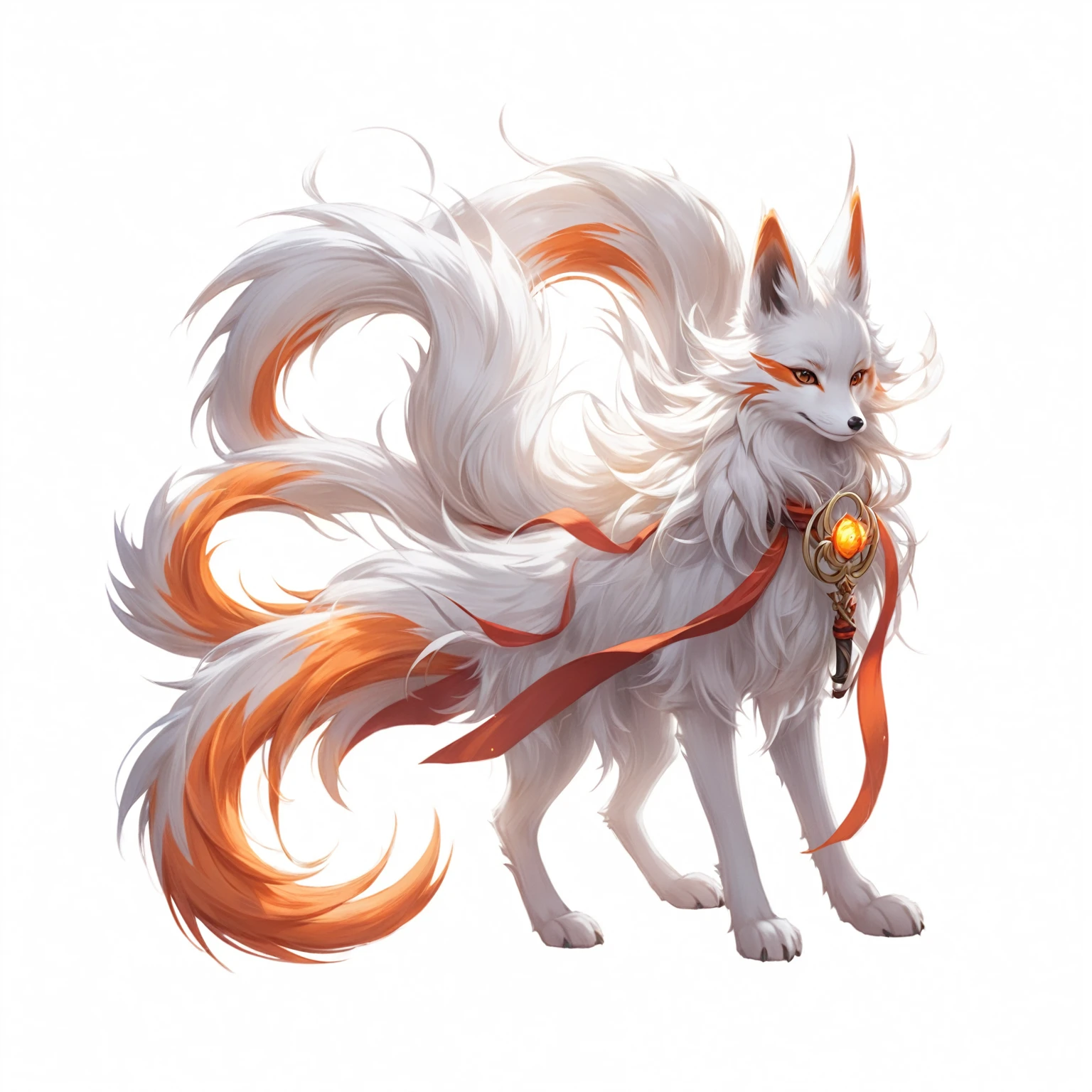 Anime style illustration of a white and orange furry animal with a long tail, fox Three-tailed fox, Nine Tails, fox, 空灵fox, Three-tailed fox, Nine Stories, fox holding torch, 白毛fox, fox和灌木, Water, Very very beautiful furry art, Onmyoji Detailed Art, White Fox Animation