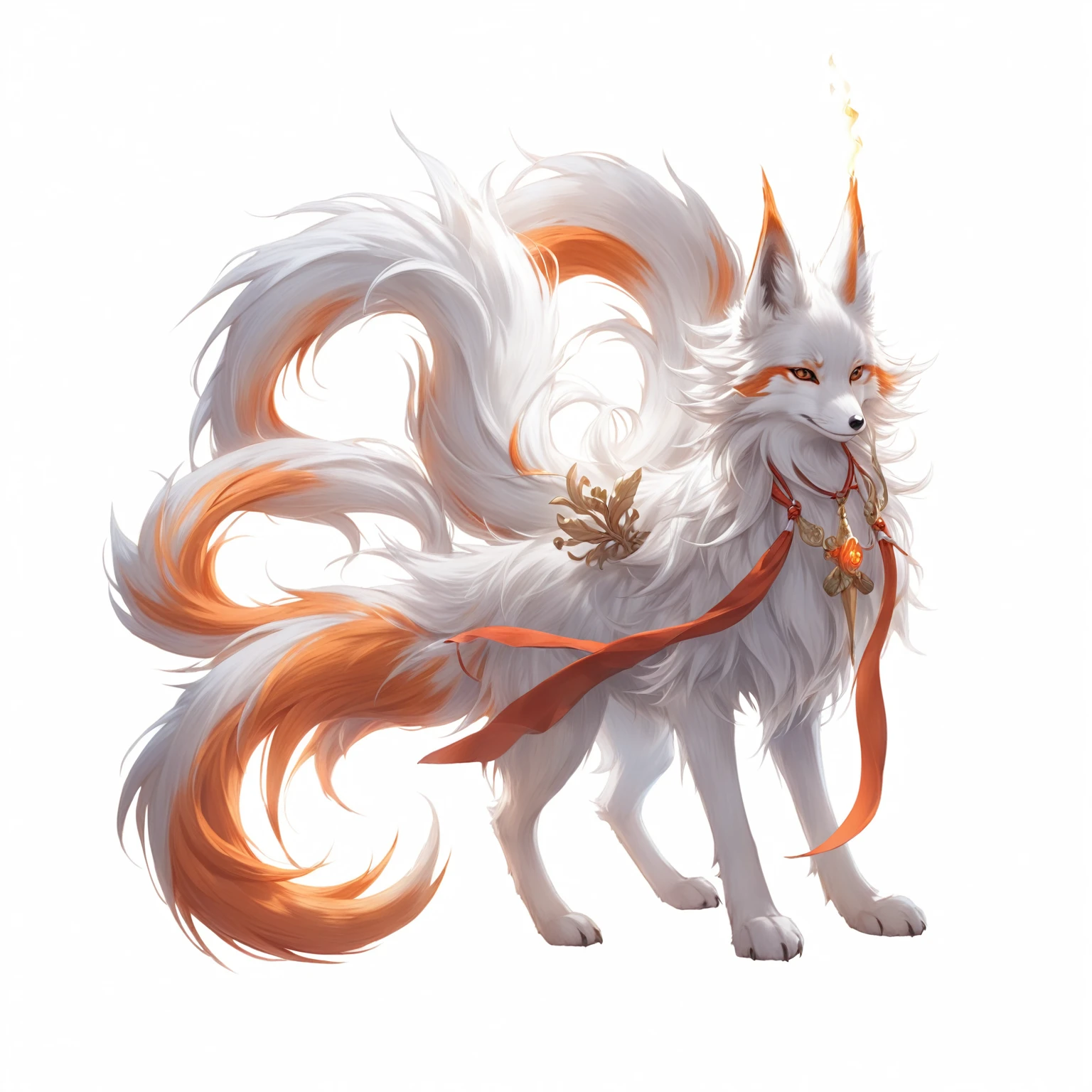 Anime style illustration of a white and orange furry animal with a long tail, fox Three-tailed fox, Nine Tails, fox, 空灵fox, Three-tailed fox, Nine Stories, fox holding torch, 白毛fox, fox和灌木, Water, Very very beautiful furry art, Onmyoji Detailed Art, White Fox Animation