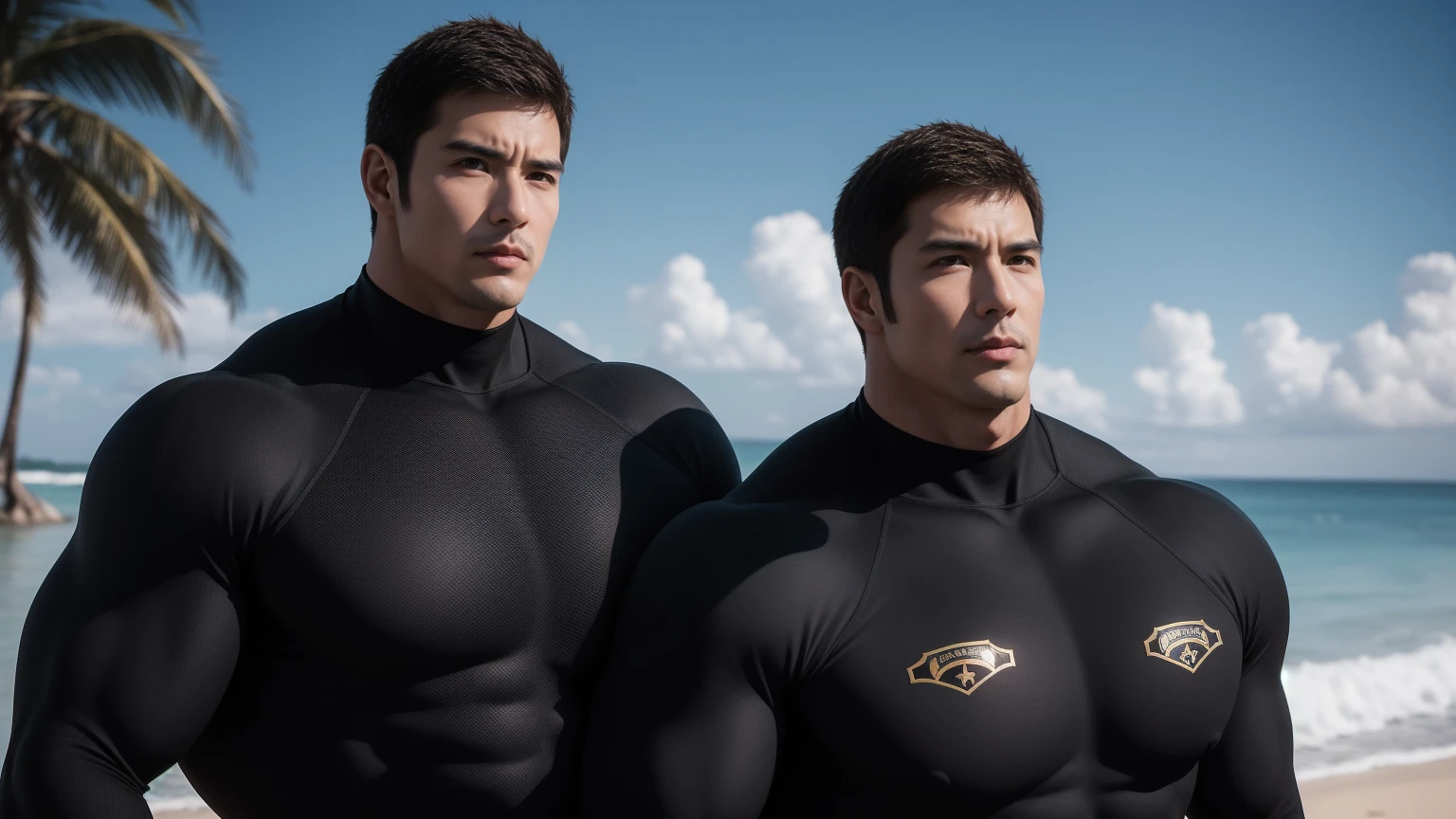 Super muscular man hugging,  Open your mouth and scream，Look at each other affectionately，They embrace affectionately，short hair，Beach under the scorching sun, Wear a long-sleeved, deep-layered high-necked wetsuit, Thickened warm elastic texture，Beach by the sea，beautiful landscape，The expression is arrogant, Thick thighs, messy hair, Thick thighs, High-necked long-sleeved dark yellow high-necked tights, very tight, Regular symmetrical pattern, Highlight muscles, Police uniform pants, character concept（Resident Evil - chris redfield, chris redfield）A proud expression, Deep and charming eyes, Valiant male pose, tall Burly, muscular！muscular thighs, Tough Guy, Perfect facial features, High, Burly, Heqiang, Super exquisite and cool, High Resolution Committee, Attractive, The sun is blazing, Dazzling