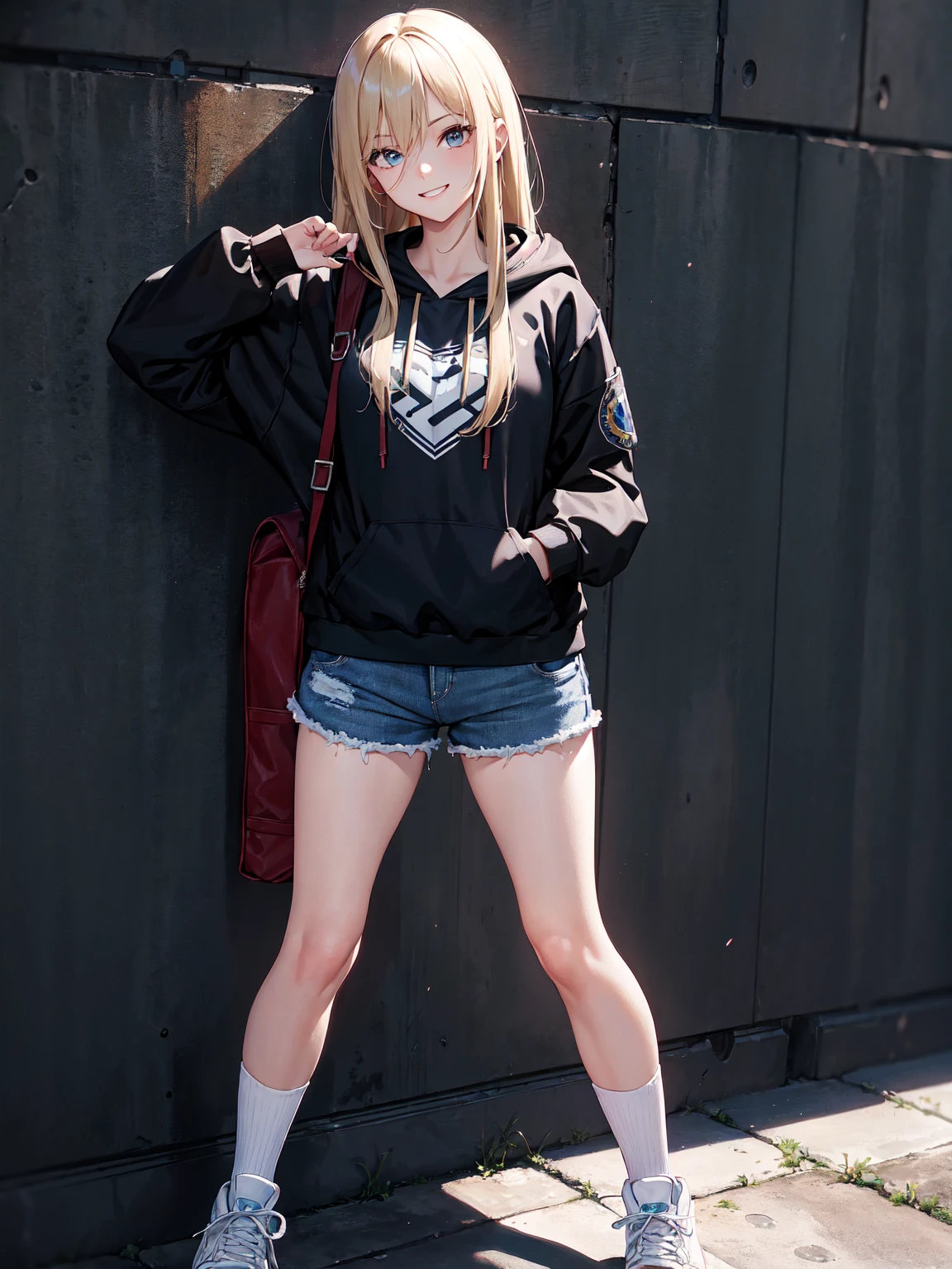 Sexy Western female student, sporty posture, mid-length blond hair, minimal makeup, university hoodie, tight denim shorts, knee-high socks, sneakers, backpack over one shoulder, youthful, standing, leaning against a wall, confident smile, soft ambient lighting, clear skin texture, casual and trendy,Detailed face,detailed eyes,detailed nose,detailed mouth,((UHD,masterpiece,super detail,award winning:1.4,best quality:1.2,highres,high quality)),