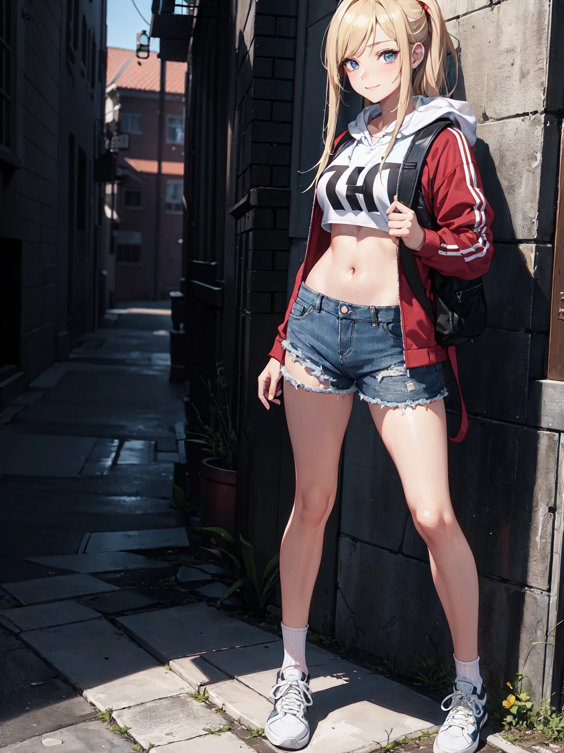 Sexy Western female student, sporty posture, mid-length blond hair, minimal makeup, university hoodie, tight denim shorts, knee-high socks, sneakers, backpack over one shoulder, youthful, standing, leaning against a wall, confident smile, soft ambient lighting, clear skin texture, casual and trendy,Detailed face,detailed eyes,detailed nose,detailed mouth,((UHD,masterpiece,super detail,award winning:1.4,best quality:1.2,highres,high quality)),