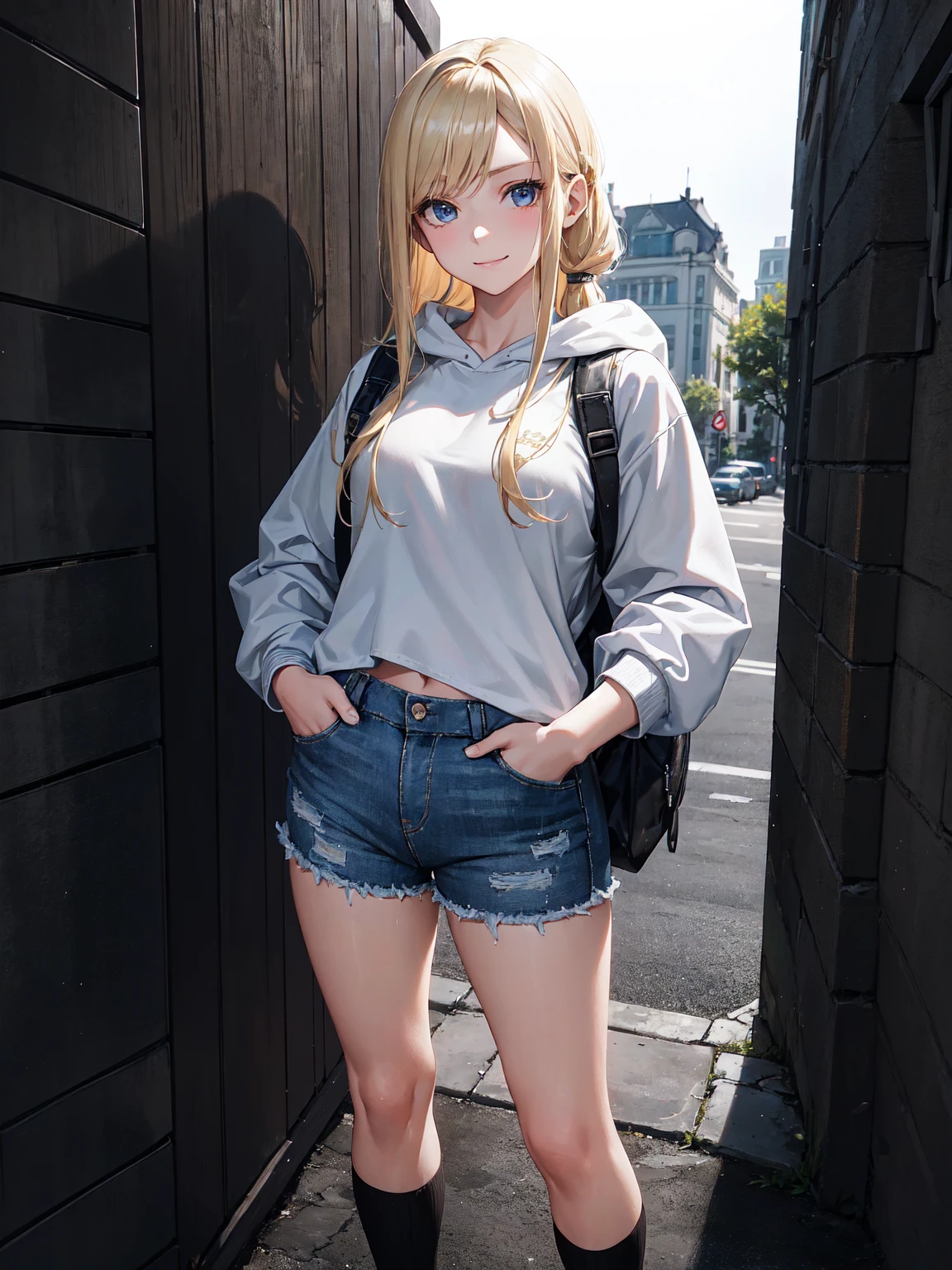 Sexy Western female student, sporty posture, mid-length blond hair, minimal makeup, university hoodie, tight denim shorts, knee-high socks, sneakers, backpack over one shoulder, youthful, standing, leaning against a wall, confident smile, soft ambient lighting, clear skin texture, casual and trendy,Detailed face,detailed eyes,detailed nose,detailed mouth,((UHD,masterpiece,super detail,award winning:1.4,best quality:1.2,highres,high quality)),