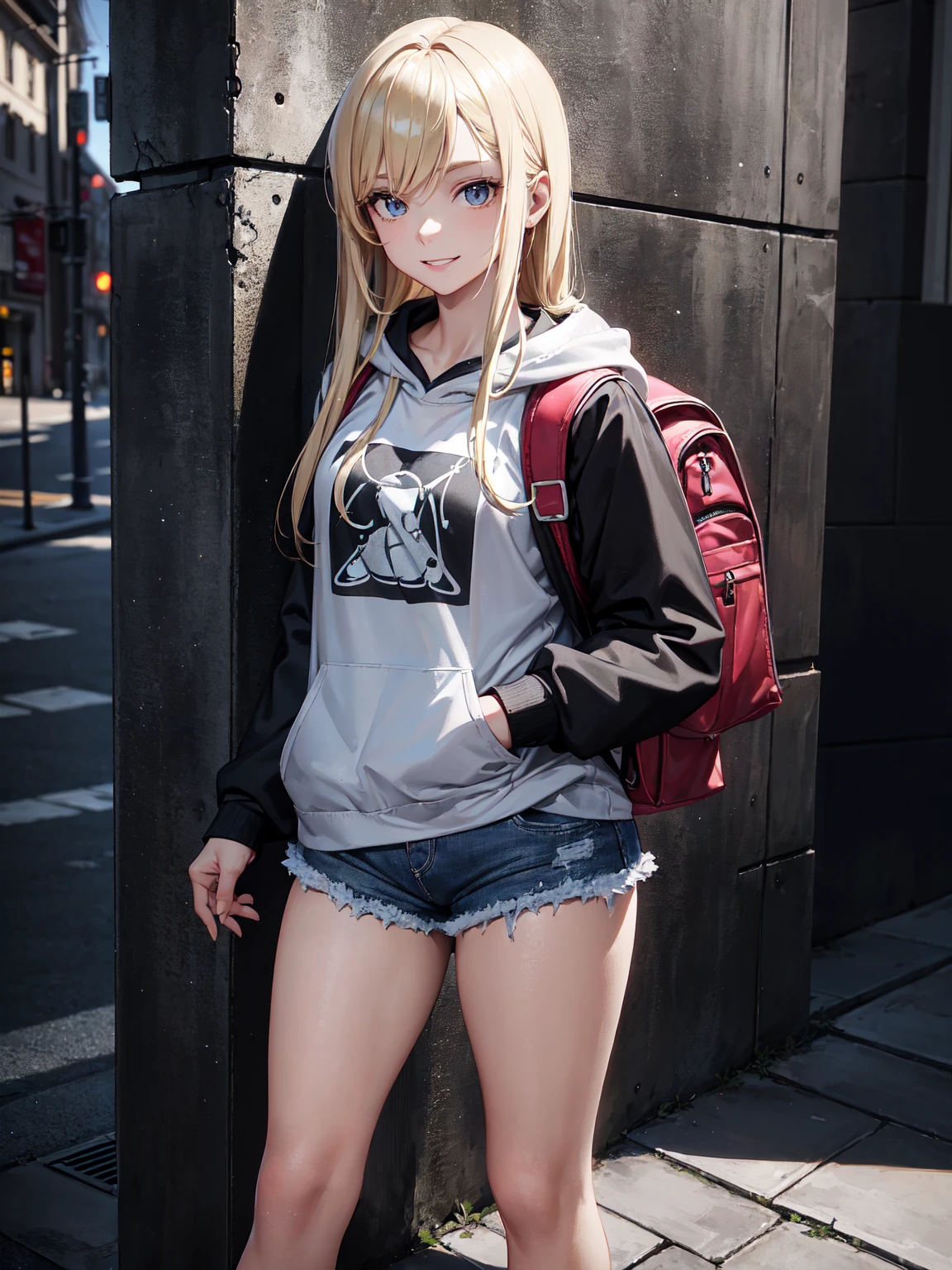 Sexy Western female student, sporty posture, mid-length blond hair, minimal makeup, university hoodie, tight denim shorts, knee-high socks, sneakers, backpack over one shoulder, youthful, standing, leaning against a wall, confident smile, soft ambient lighting, clear skin texture, casual and trendy,Detailed face,detailed eyes,detailed nose,detailed mouth,((UHD,masterpiece,super detail,award winning:1.4,best quality:1.2,highres,high quality)),