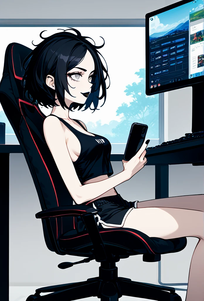 mature woman, goth, hot face, black lipstick, tongue out, teasing expression, seductive grin, hot face, (sharp eyes), gray eyes, short hair, messy hair, black hair, slim body, medium breast, short pants, hot pants, black clothes, midriff, sitting down, (sitting on gamer chair, sitting in front of a computer, flat schreen computer), crossing legs, (holding phone), view from side, side view, living room