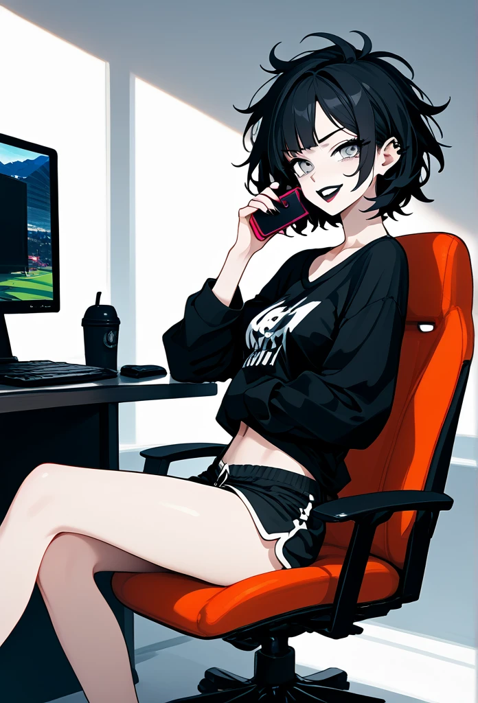 mature woman, goth, hot face, black lipstick, tongue out, teasing expression, seductive grin, hot face, (sharp eyes), gray eyes, short hair, messy hair, black hair, slim body, medium breast, short pants, hot pants, black clothes, midriff, sitting down, (sitting on gamer chair, sitting in front of a computer, flat schreen computer), crossing legs, (holding phone), view from side, side view, living room