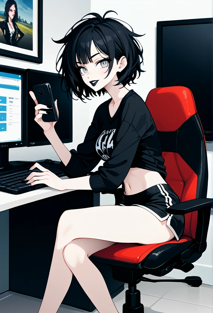 mature woman, goth, hot face, black lipstick, tongue out, teasing expression, seductive grin, hot face, (sharp eyes), gray eyes, short hair, messy hair, black hair, slim body, medium breast, short pants, hot pants, black clothes, midriff, sitting down, (sitting on gamer chair, sitting in front of a computer, flat schreen computer), crossing legs, (holding phone), view from side, side view, living room