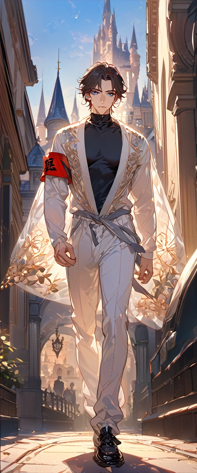 masterpiece, best quality, 8k ,4k ,solo, male, short dark blue reddish hair, black sleeveless turtle neck shirt, transparent robe hanging by the shoulder, transparent embroidery robes, white jogger pants, Walking, Manly pose, muscle arms, Armband, bangs, blue reddish eyes, pale skin, sharp look, Sharp eyes, Morning walk, Castle Hall Background, high quality, extremely detailed, finely detailed eyes and detailed face, slender body, inspired by Asukaziye artist : ask, art style : ask