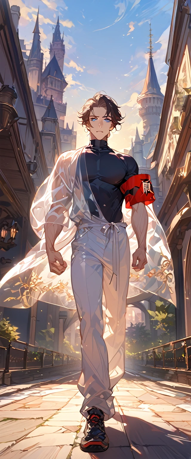 masterpiece, best quality, 8k ,4k ,solo, male, short dark blue reddish hair, black sleeveless turtle neck shirt, transparent robe hanging by the shoulder, transparent embroidery robes, white jogger pants, Walking, Manly pose, muscle arms, Armband, bangs, blue reddish eyes, pale skin, sharp look, Sharp eyes, Morning walk, Castle Hall Background, high quality, extremely detailed, finely detailed eyes and detailed face, slender body, inspired by Asukaziye artist : ask, art style : ask