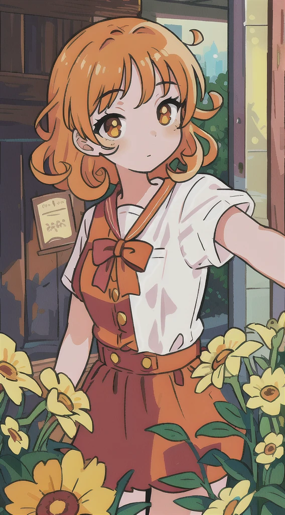 masterpiece, top quality, super detailed, illustration, detailed orange eyes, girl, semi-long, curly, shirt, short sleeve, letterbox, depth of field, pretty flowers, selfie