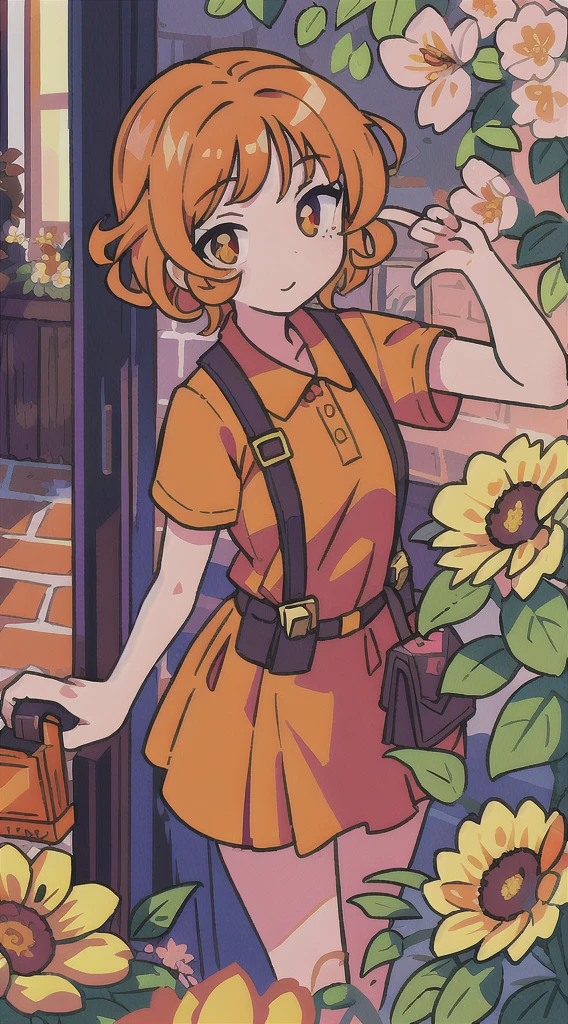 masterpiece, top quality, super detailed, illustration, detailed orange eyes, girl, semi-long, curly, shirt, short sleeve, letterbox, depth of field, pretty flowers, selfie