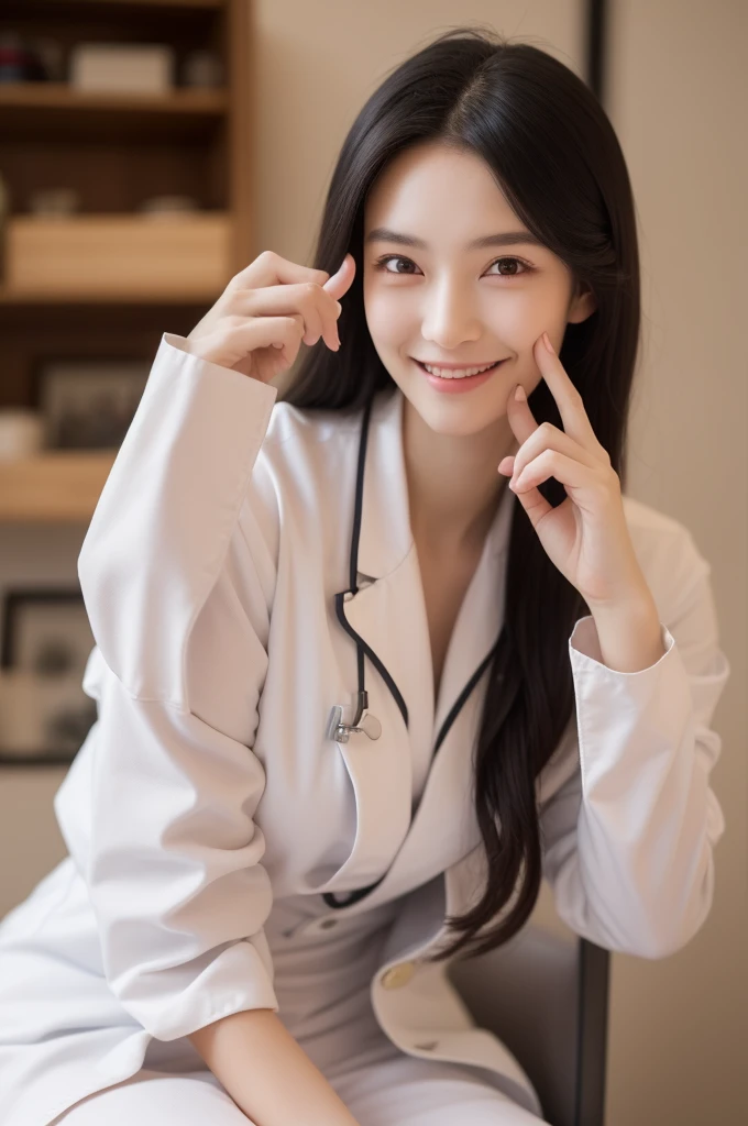 (masterpiece, best quality), 1girl, A beautiful young slim Japanese woman, wearing ((white lab coat)), [[light pink nurse dress]], [stockings], (((fingersmile))), (cowboy shot), extremely detailed face and eyes, detailed facial features, intricate details, realistic, photorealistic, photo-realistic:1.37, best quality, 8k, masterpiece:1.2, ultra-detailed, vivid colors, studio lighting, physically-based rendering, ((perfect face)),