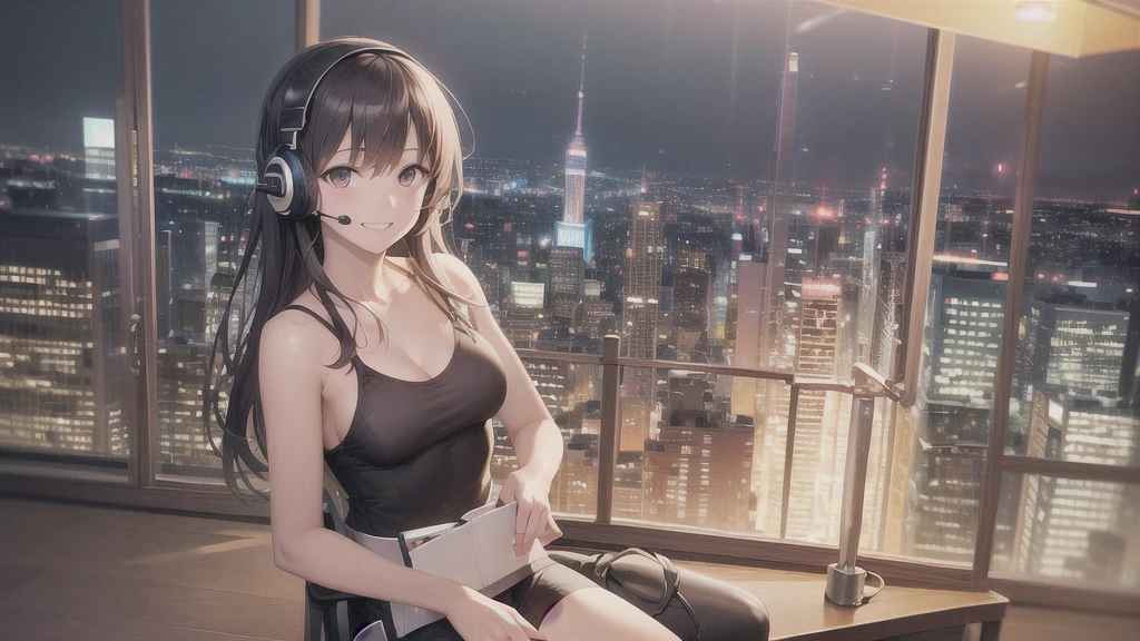 (In 8K, Ultra-high resolution, Best Quality, Masterpiece:1.2), (Realistic illustrations), (Highly Detailed CG Unity 8K Wallpaper), Relaxed girl listening to music with headset, smile, Detailed teeth, はにかんだsmile, Nostalgic Anime, 80s city night view, bike