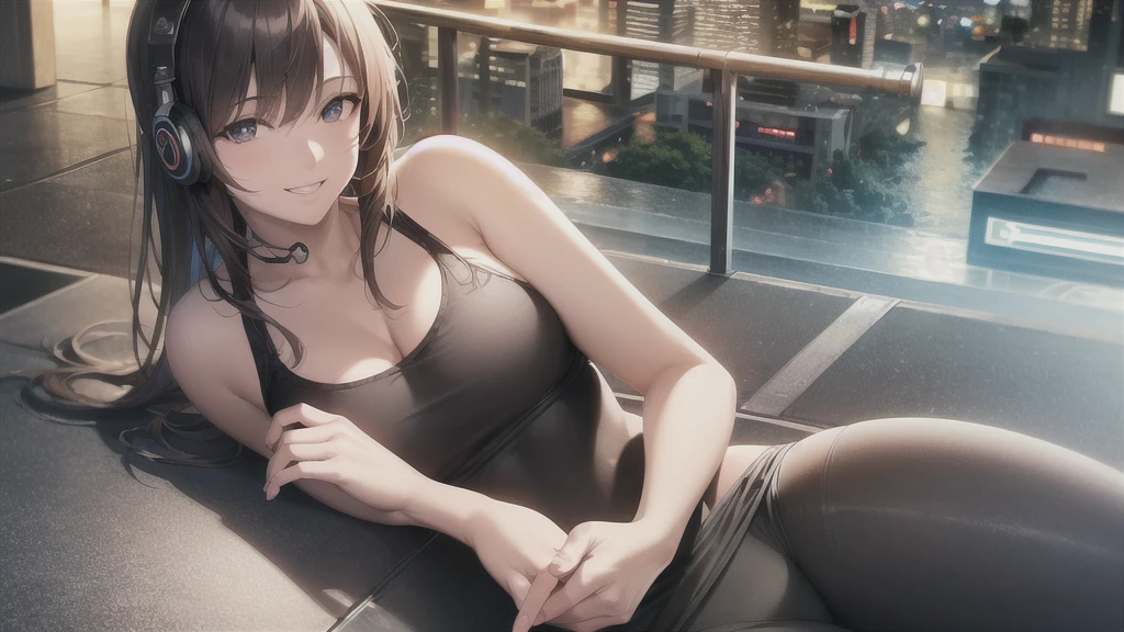 (In 8K, Ultra-high resolution, Best Quality, Masterpiece:1.2), (Realistic illustrations), (Highly Detailed CG Unity 8K Wallpaper), Relaxed girl listening to music with headset, smile, Detailed teeth, はにかんだsmile, Nostalgic Anime, 80s city night view, bike