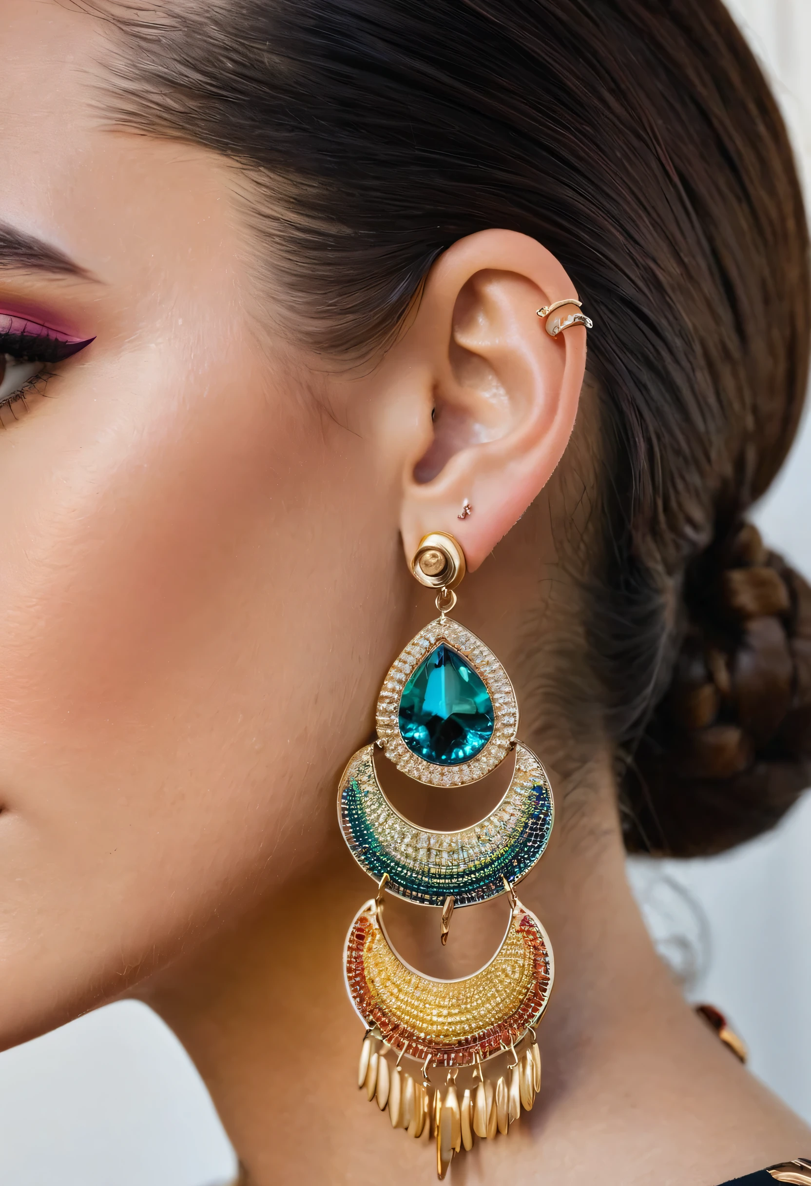 a close up of a woman with a pair of earrings on her ear, long earrings, an earring, earrings, huge earrings, earings, huge earrings and queer make up, earring, by Emma Andijewska, big earrings, giant earrings, by Alexis Grimou, multiple earrings, gorgeous features, details face, close - up profile face, earbuds jewelry