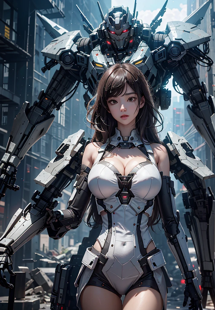 ((best quality)), ((masterpiece)), (Very detailed:1.3), 3D, shitu-mecha, In the ruins of a city in a forgotten war,Beautiful cyberpunk woman with her pink mecha, Huge breasts, Cleavage exposed,technology, HDR (High Dynamic Range), Ray tracing, NVIDIA RTX, Super Resolution, Unreal 5, Subsurface scattering, PBR Textures, Post-Processing, Anisotropic filtering, Depth of Field, Maximum Acutance and Acutance, Multi-layered textures, Albedo and Specular Maps, Surface shading, Accurately simulate the interaction of light and matter, Perfect proportions, Octane Rendering, Two-tone lighting, Low ISO, White Balance, Rule of Thirds, Large aperture, 8K Native, High efficiency sub-pixel, Sub-pixel convolution, glowing particles, Light Scattering, Tyndall effect (whole body), (Exquisite facial features), (Perfect face), Dynamic Angle.