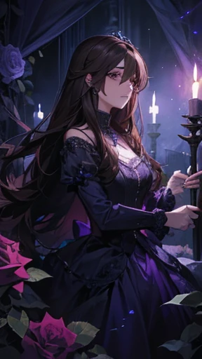 Princess, purple lamp, haunting, mysterious, imprisoned, books, chains, bioluminescent path, candles, briar, roses, thorns, bushes, dark hair