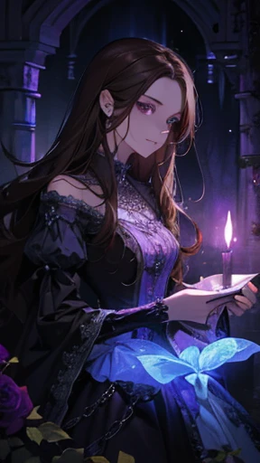 Princess, purple lamp, haunting, mysterious, imprisoned, books, chains, bioluminescent path, candles, briar, roses, thorns, bushes, dark hair