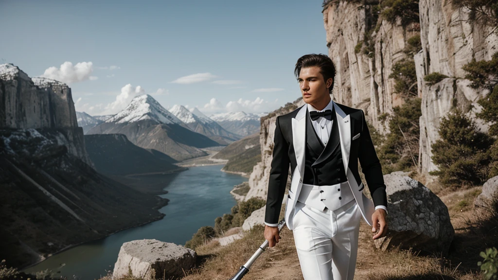 white blazer, cotton black pants tuxedo 3 piece suit, side full pose of a male model, holding a bazooka, cinematic bright lighting, beautiful scenic
