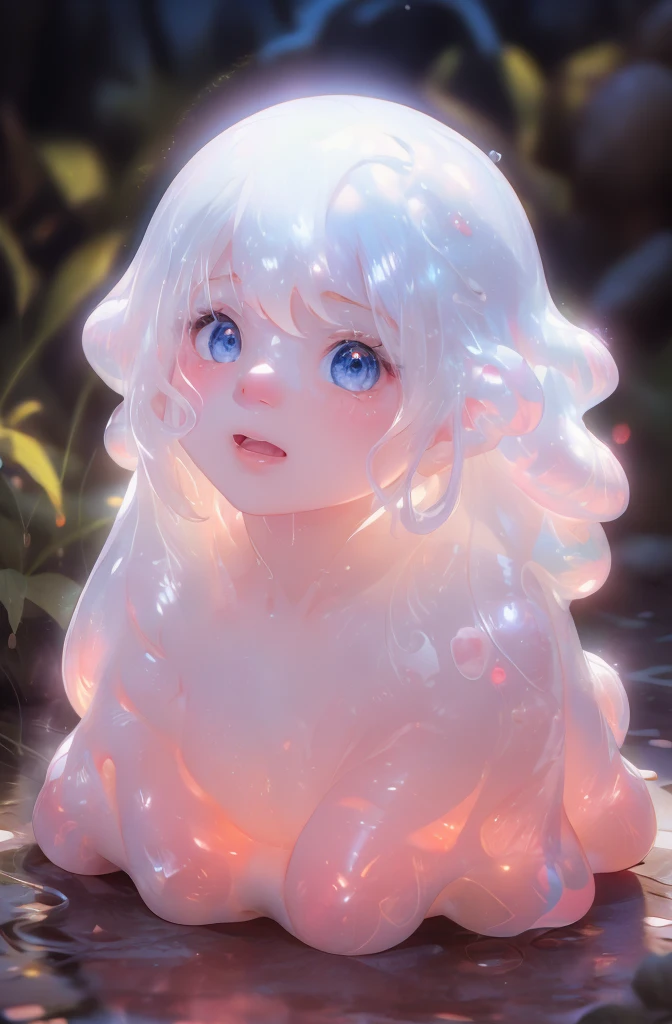 (令人惊叹且空灵的Slime女王 :1.2) holding mini Slime, Hyperrealism, full body view, Cute pop horror style, Sexy,obscene, beautiful, 穿着彩色透明Slime服装的辣妹Slime, Wet White and Light White Micro Mini Bikini, only, only, Nightmare in Heaven, Ultra Detailed ( Various poses and expressions)1 Girls 18, Volumetric Light, (lens flare:0.7), (bloom:0.7), Particle Effects, Ray Tracing, movie lighting, background: Bioluminescent slime , Slime