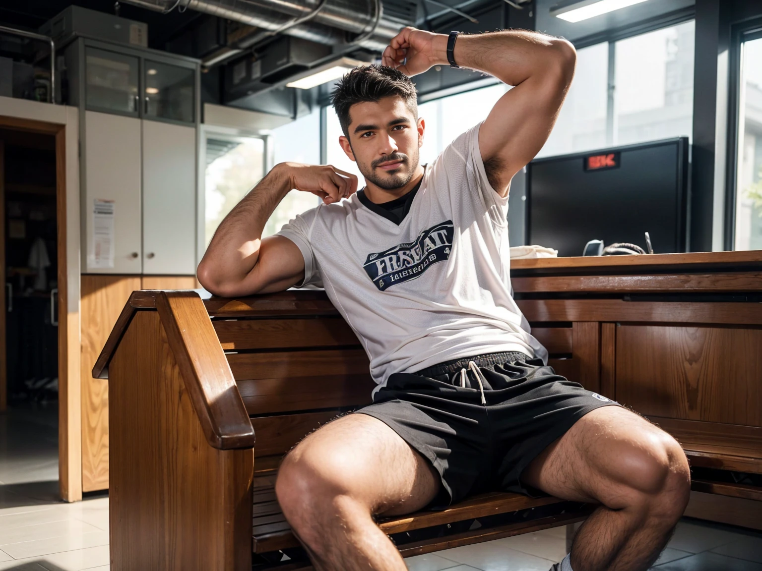 smile, short hair, black hair, brown hair, black hair, sitting, male focus, multiple , shoes, shorts, arms, wristband, sneakers, sportswear, bench, basketball, basketball uniformanother, chest hair, , navel hair, leg hair, armpit hair, hairy, (Chest hair:1.8) ! High detail 8K)! ((Realistically)), ! 186 cm! 70 kilograms! Popular clips! ( High-detail 8k ((realistically)), Exposed chest muscle and chest hair!, best quality, bright lighting, focus, theater! 35 years old, hairy breasts, thick hair Adam Dario Kier screenshot, Reddit, photo realism, gray hair!real photos!Thick moustache!(Chest hair:1.5)Real photos!