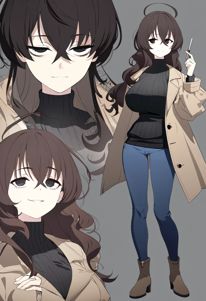 One Woman,Downer,older sister,Concept Art,Dark brown hair,Straight hair with slight inward curls,Staring eyes,Eye Ridge,black eye,Crossed bangs,whole body,smile,Larger breasts,Gray background,Bangs that reach down to the eyes,Messy hair,Tight dark jeans,Dark brown turtleneck sweater,Multiple views of the same character,Character Design,Dark circles under the eyes,Bad look,Listless,Sloppy,accessories,Cafe staff,Holding a cigarette,whole bodyCharacter Design,Detailed hands,Height: 170cm,boots,Brown coat,