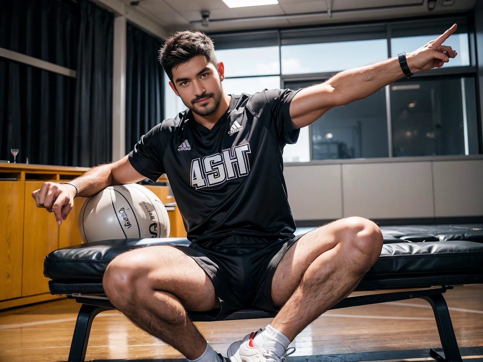 smile, short hair, black hair, brown hair, black hair, sitting, male focus, multiple , shoes, shorts, arms, wristband, sneakers, sportswear, bench, basketball, basketball uniformanother, chest hair, , navel hair, leg hair, armpit hair, hairy, （Chest hair：1.8） ！ High detail 8K)! ((Realistically)), ! 186 cm! 70 kilograms! Popular clips! ( High-detail 8k ((realistically)), Exposed chest muscle and chest hair!, best quality, bright lighting, focus, theater! 35 years old, hairy breasts, thick hair Adam Dario Kier screenshot, Reddit, photo realism, gray hair！real photos！Thick moustache!(Chest hair：1.5）Real photos!
