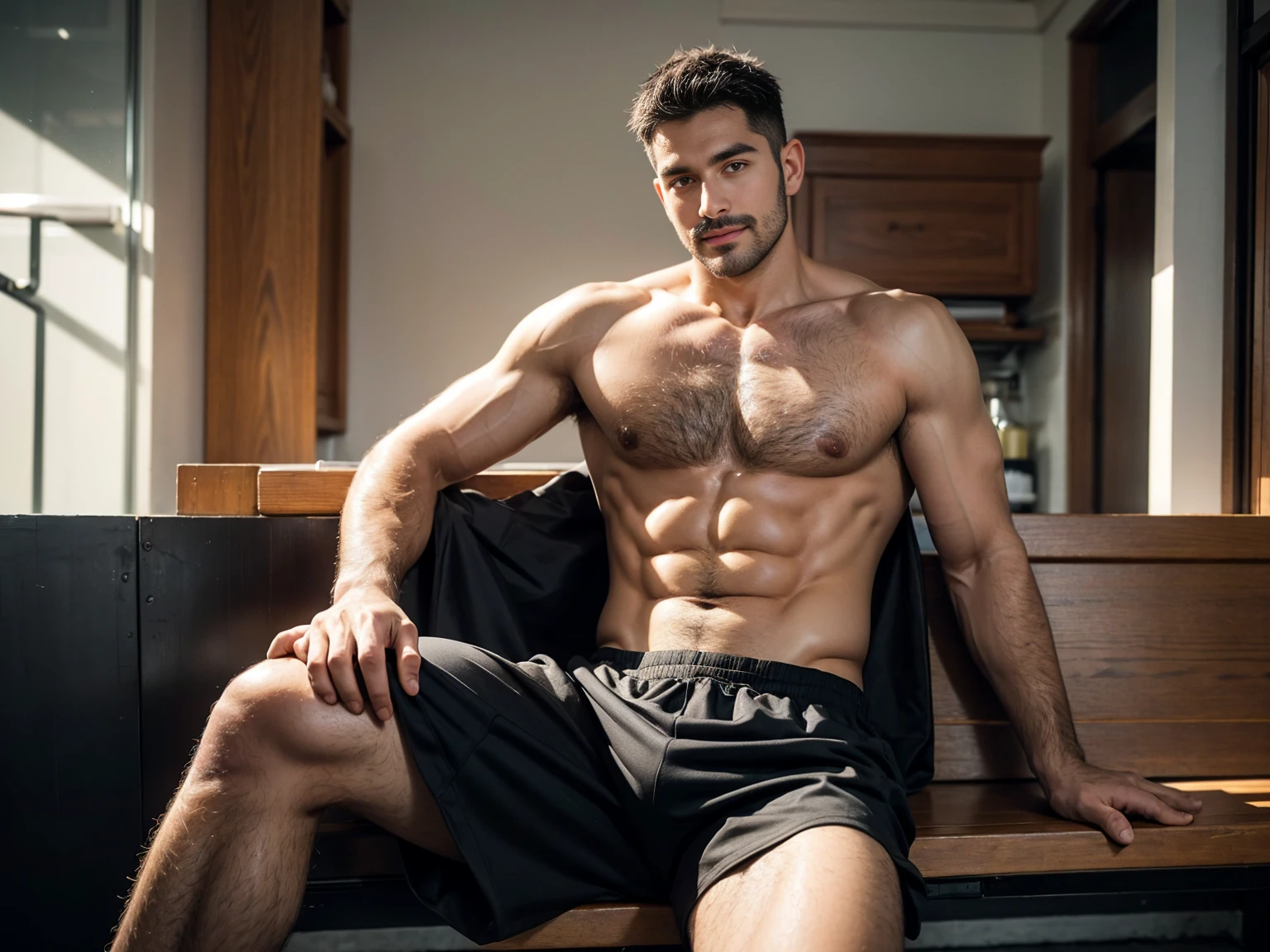 smile, short hair, black hair, brown hair, black hair, sitting, male focus, multiple , shoes, shorts, arms, wristband, sneakers, sportswear, bench, basketball, basketball uniformanother, chest hair, , navel hair, leg hair, armpit hair, hairy, （Chest hair：1.8） ！ High detail 8K)! ((Realistically)), ! 186 cm! 70 kilograms! Popular clips! ( High-detail 8k ((realistically)), Exposed chest muscle and chest hair!, best quality, bright lighting, focus, theater! 35 years old, hairy breasts, thick hair Adam Dario Kier screenshot, Reddit, photo realism, gray hair！real photos！Thick moustache!(Chest hair：1.5）Real photos!