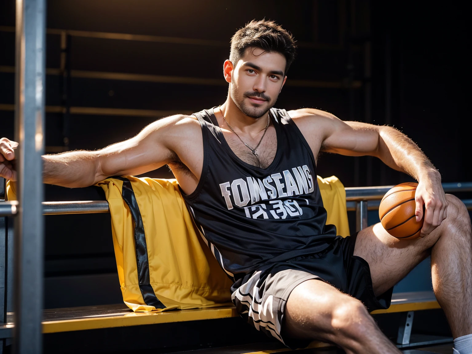 smile, short hair, black hair, brown hair, black hair, sitting, male focus, multiple , shoes, shorts, arms, wristband, sneakers, sportswear, bench, basketball, basketball uniformanother, chest hair, , navel hair, leg hair, armpit hair, hairy, (Chest hair:1.8) ! High detail 8K)! ((Realistically)), ! 186 cm! 70 kilograms! Popular clips! ( High-detail 8k ((realistically)), Exposed chest muscle and chest hair!, best quality, bright lighting, focus, theater! 35 years old, hairy breasts, thick hair Adam Dario Kier screenshot, Reddit, photo realism, gray hair!real photos!Thick moustache!(Chest hair:1.5)Real photos!