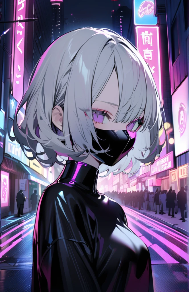 1 girl, alone, short hair,Gray Hair,Looking at the audience,Mouth closed, Grey Hair, Purple Eye,Black Mask,Black jersey, Neon Street.eyelash, Compensate,eyeliner. Wavy Hair,masterpiece,Very detailed