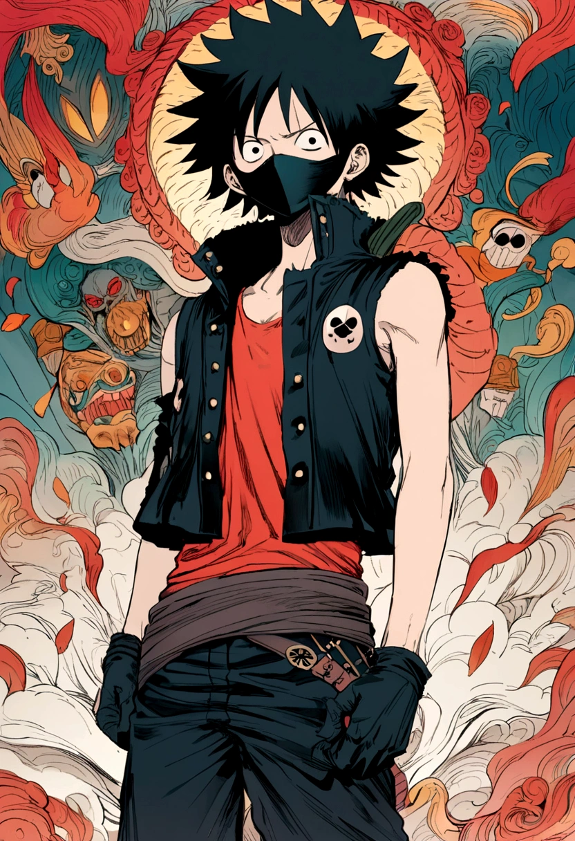 Monkey d luffy from one piece having Sharingan and wearing black mask of kakashi