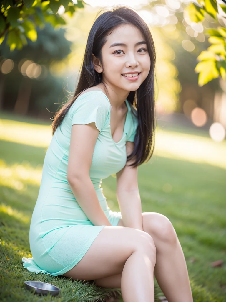 Hwa Eun Sun, 8K, young cute beautiful curvy filipina girl, 85mm,Official AR RAW photo, baby face、show me your ears、photo shoot, baby face, cute face, thicc thighs, looking at the viewer, embarrassing、smile、no makeup, film grain, chromatic aberration, sharp focus, face light, clear lighting, Ten generations, detailed face, background bokeh、((((((18 year old cute girl)))))), clothes with short sleeves, seductive dress
