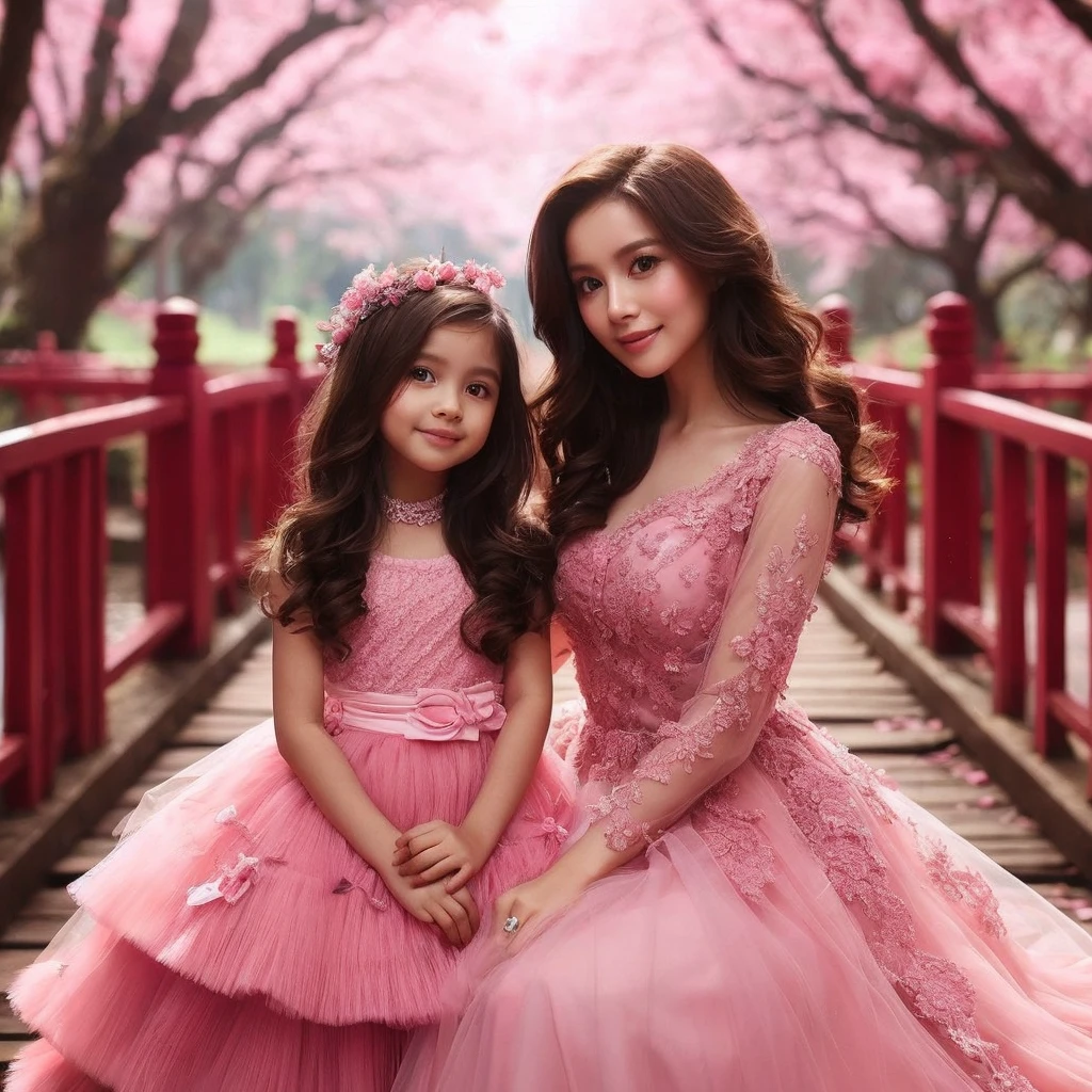 very beautiful Indonesian mother and daughter brown hair in soft pink dresses, pastel colors on the bridge, in a fresh green realistic forest, wearing soft pink dresses, pastel colors, tassels and ribbon ruffles, fantasy dresses, wearing soft pink dresses, pastel colors , soft party dress, pastel colors, soft pink romantic tutu, pastel colors, magic dress, soft pink dress, pastel colors, in a long dress in soft pink pastel colors or purple, wearing a beautiful dress, soft pink tutu in pastel colors, wearing a romantic tutu soft pastel pink