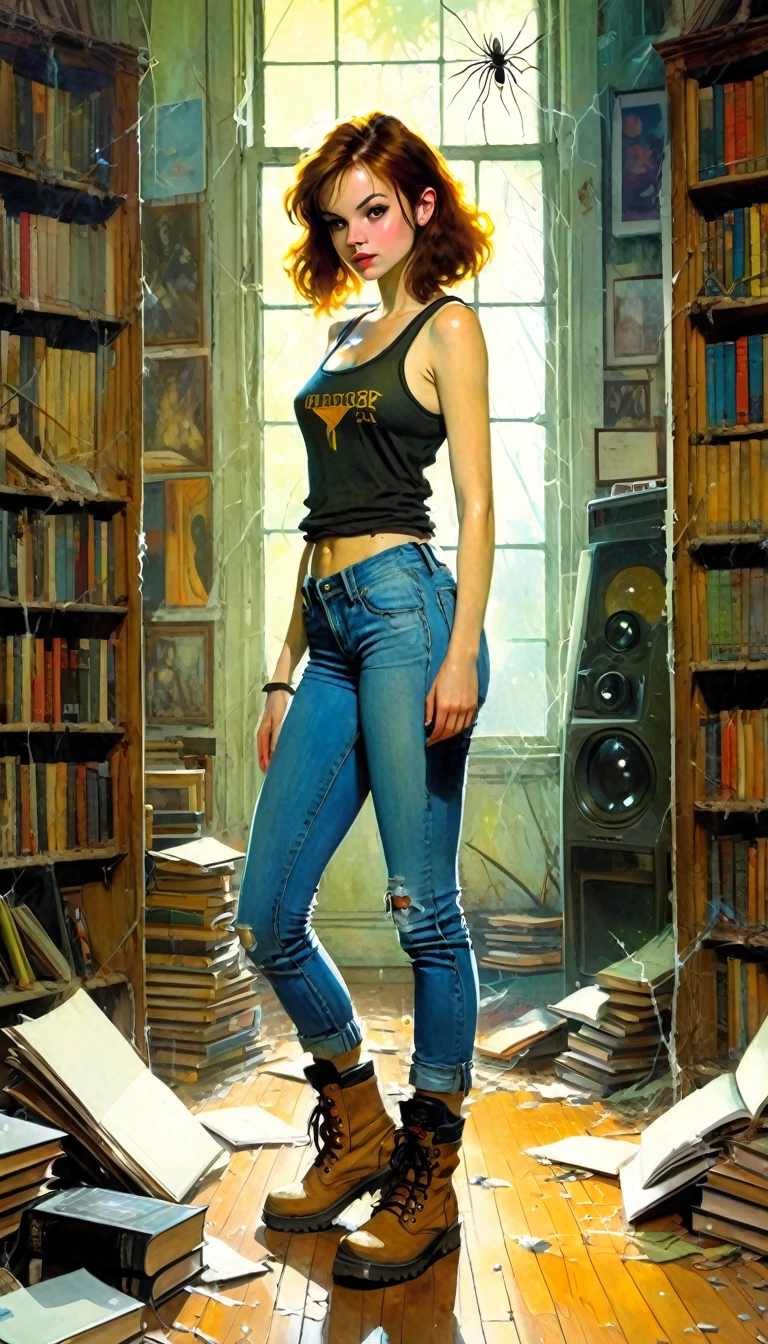 pretty girl, explorer, exploring a large library room in an abandoned house, jeans and tank top, hiking boots, everything old and full of dust and cobwebs, 80s, tv, large library, lots of details,(art inspired in Bill Sienkiewicz). oil painting)
