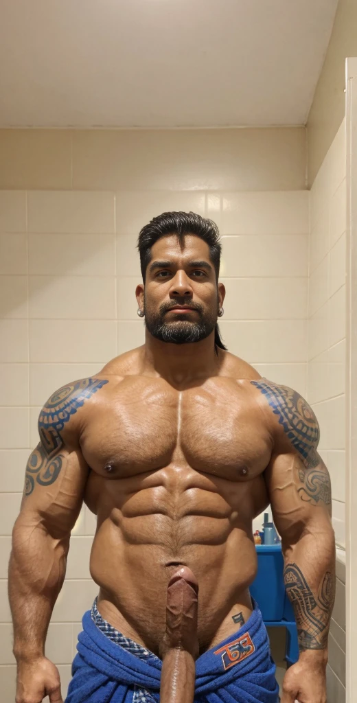 a old indian dad with a big ((erection:1.3)) is standing in a bathroom, muscular men, strong masculine features, attractive beefy man, daddy, hunk muscular build, seductive, ((anime hair cut:1.2)), muscular male, muscular man, ((tribal tattooed on pectoral:1.3)), ((Midjourney style:1.2)), very dark skinned, ((realistic photo:1.2)), NSFW, portrait of muscular, 63 years old, ((bara)), big wide broad strong physique, chiseled muscles, exaggerated muscle physique, portrait of a muscular bodybuilder, 16k, octane render