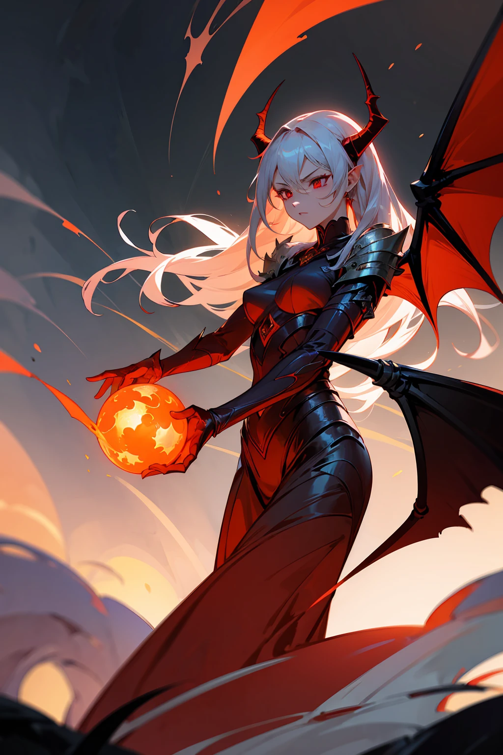 Create a powerful fantasy illustration of a demon woman with striking red skin and long, flowing silver hair. She has large, curved horns, fiery red eyes, and bat-like dragon wings. Her attire is a dark, ornate armor that highlights her formidable presence. She stands in front of an intricate, glowing archway, holding a glowing red orb that radiates intense energy. Flames and magical sparks emanate from her hands, emphasizing her control over powerful fire magic. The scene is filled with an aura of intense heat and mystical energy, showcasing her as a stunning and formidable character.