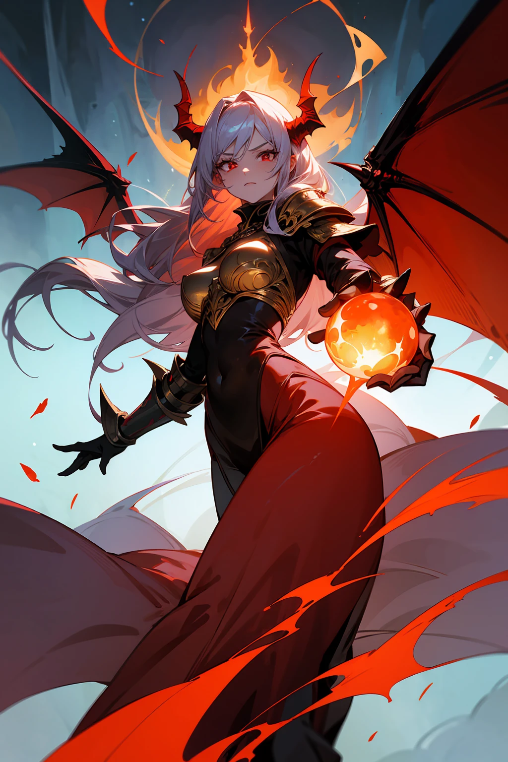 Create a powerful fantasy illustration of a demon woman with striking red skin and long, flowing silver hair. She has large, curved horns, fiery red eyes, and bat-like dragon wings. Her attire is a dark, ornate armor that highlights her formidable presence. She stands in front of an intricate, glowing archway, holding a glowing red orb that radiates intense energy. Flames and magical sparks emanate from her hands, emphasizing her control over powerful fire magic. The scene is filled with an aura of intense heat and mystical energy, showcasing her as a stunning and formidable character.
