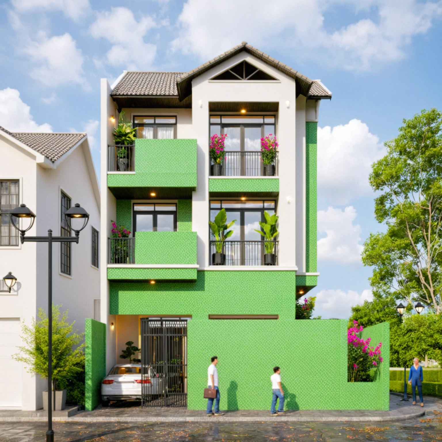 Raw photo,Masterpiece, high quality, best quality, authentic, super detail, exterior, outdoors, house style indochine, Many bougainvilleas along the road ,aiaigroup road,pavement, grass, trees, sky, cloud, (day:1.1), vivid colour ((green tile roof:1.3))