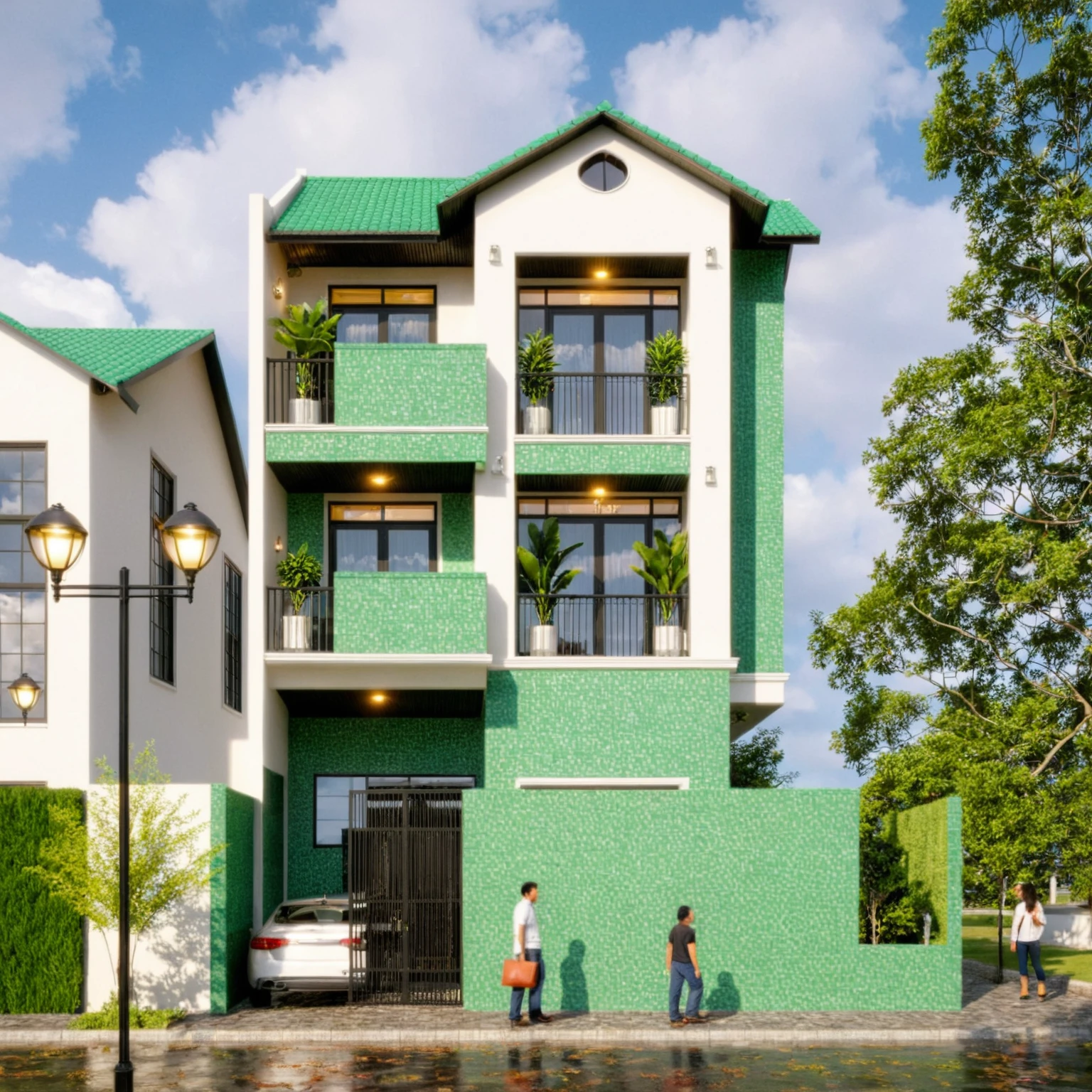 Raw photo,Masterpiece, high quality, best quality, authentic, super detail, exterior, outdoors, house style indochine, Many bougainvilleas along the road ,aiaigroup road,pavement, grass, trees, sky, cloud, (day:1.1), vivid colour ((green tile roof:1.3))