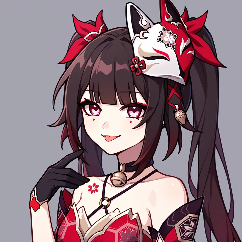 1girl, sparkle_\(honkai:_star_rail\), twintails, fox_mask, bare_shoulders, mask_on_head, black_choker, pink_eyes, red_dress, detached_sleeves, neck_bell, black_hair, black_gloves, brown_hair, very_long_hair