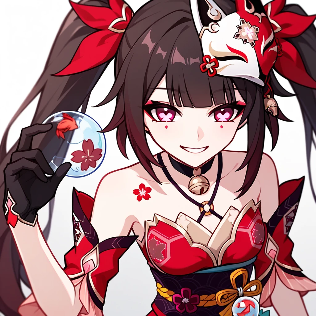 1girl, sparkle_\(honkai:_star_rail\), twintails, fox_mask, bare_shoulders, mask_on_head, black_choker, pink_eyes, red_dress, detached_sleeves, neck_bell, black_hair, black_gloves, brown_hair, very_long_hair