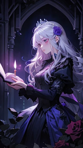 Princess, purple lamp, haunting, mysterious, imprisoned, books, chains, bioluminescent path, candles, briar, roses, thorns, bushes, silver hair