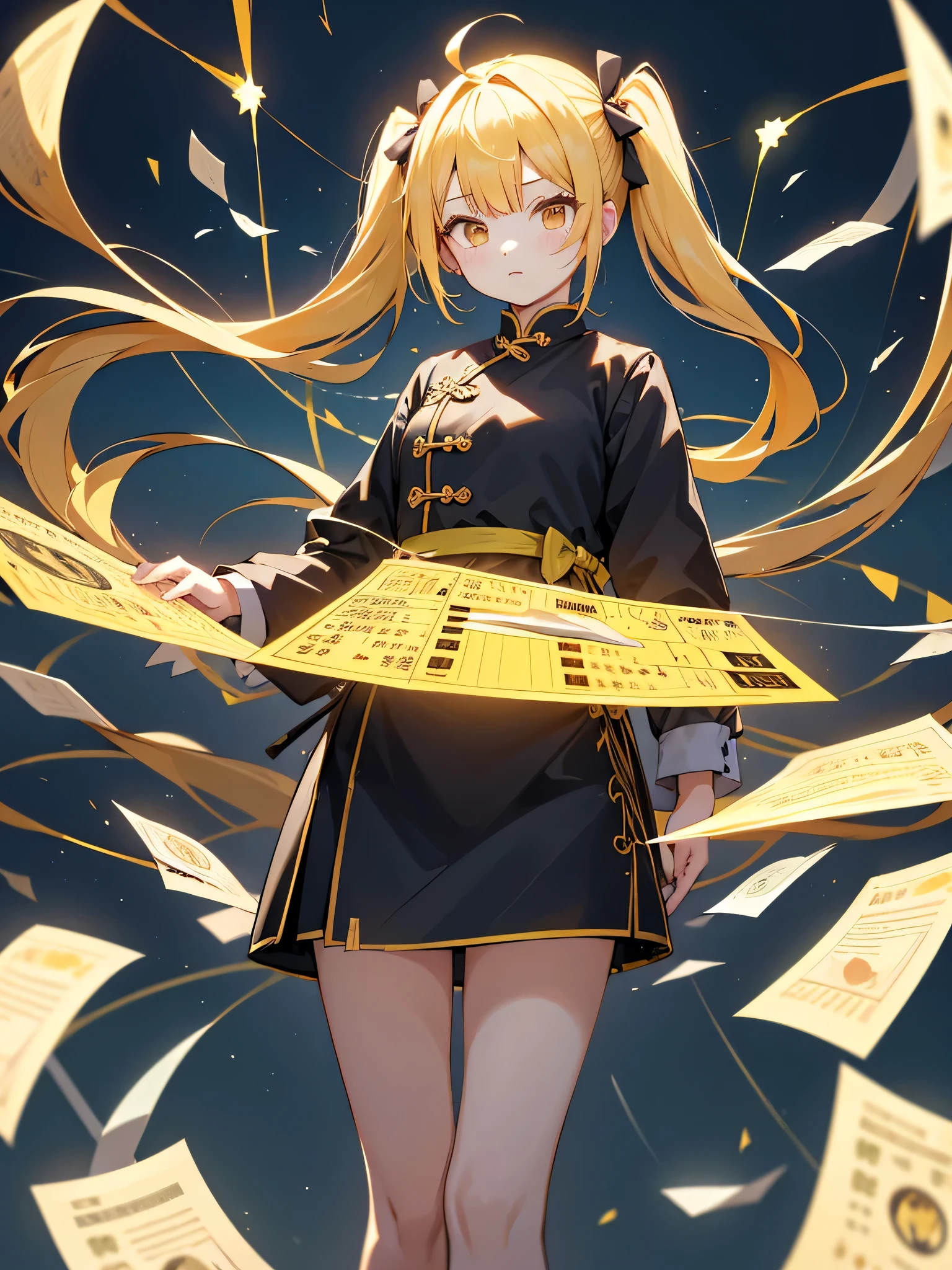Dark yellow hair、Twin tails、Girl in china clothes、I have a bill、Several bills are floating in the air、cute、Looking at this、Electricity flows from the banknote、Electricity is black、Standing with your legs apart、high resolution、High definition