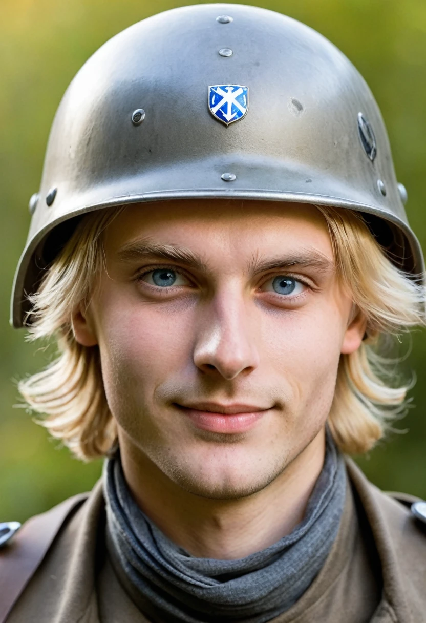 A friendly young German man with blond hair and blue eyes wearing a grey Stahlhelm.