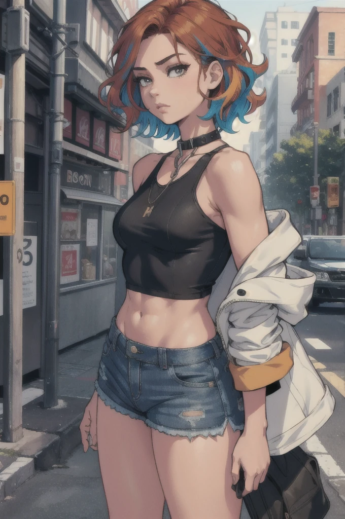 ((medium breast, tomboy girls, small head)),  (chiseled abs : 1.1), (perfect body : 1.1), (short wavy hair : 1.2) , auburn hair, collar, chain, full body shot, crowded street, wearing black tanktop, jeans jacket, ((shorts)), (extremely detailed CG 8k wallpaper), (an extremely delicate and beautiful), (masterpiece), (best quality:1.0), (ultra highres:1.0),  beautiful lighting ,perfect lightning, realistic shadows, [highres], detailed skin, ultra-detailed (((colorful)))