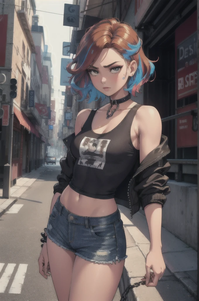 ((medium breast, tomboy girls, small head)),  (chiseled abs : 1.1), (perfect body : 1.1), (short wavy hair : 1.2) , auburn hair, collar, chain, full body shot, crowded street, wearing black tanktop, jeans jacket, ((shorts)), (extremely detailed CG 8k wallpaper), (an extremely delicate and beautiful), (masterpiece), (best quality:1.0), (ultra highres:1.0),  beautiful lighting ,perfect lightning, realistic shadows, [highres], detailed skin, ultra-detailed (((colorful)))
