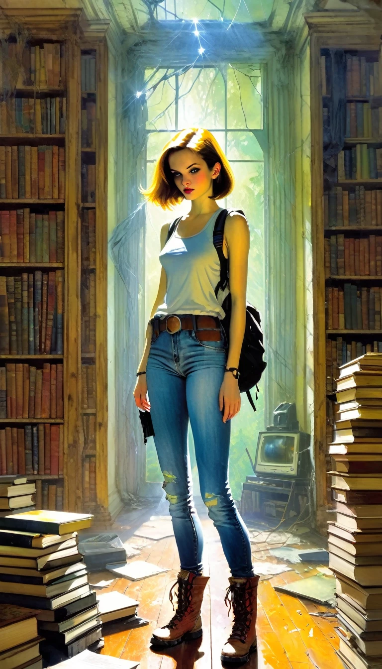 pretty girl, explorer, exploring a large library room in an abandoned house, jeans and tank top, hiking boots, everything old and full of dust and cobwebs, 80s, tv, large library, lots of details,(art inspired in Bill Sienkiewicz). oil painting)