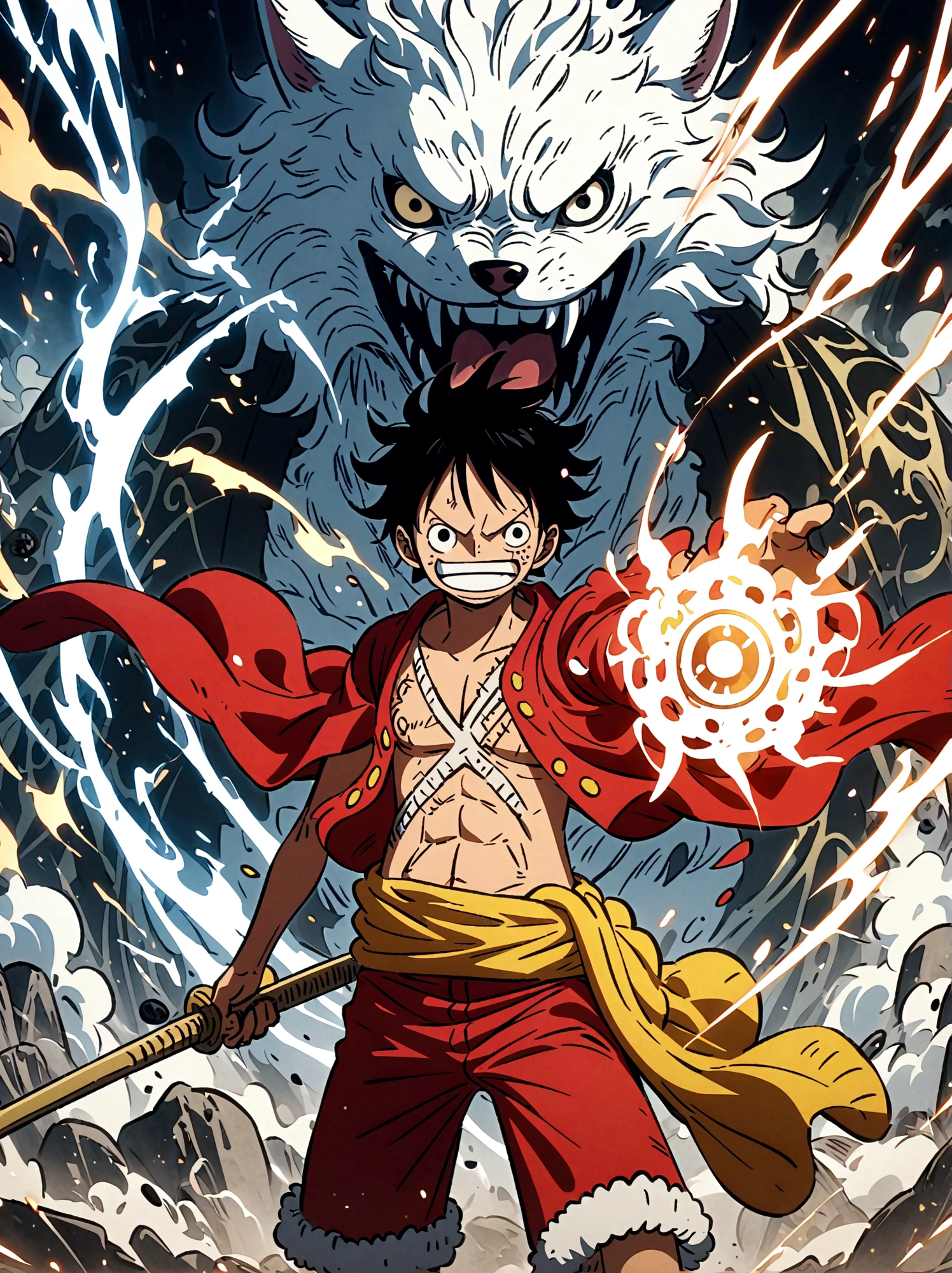 Create an exciting poster with Luffy from "one piece" em um ataque de raiva, wolf-headed. Capture the essence of his fiery determination and unyielding spirit as he unleashes his wrath on his enemies. Mantenha-o curto, ousado, e intenso para transmitir o poder bruto da raiva de Luffy. boy, anime